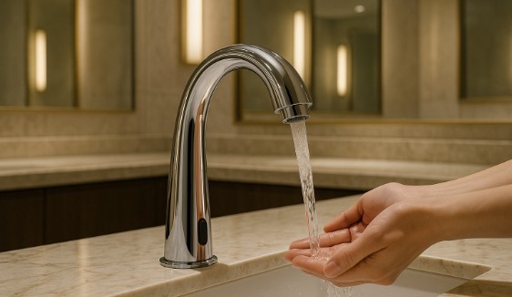 Matte black commercial faucets in a hospitality restroom
